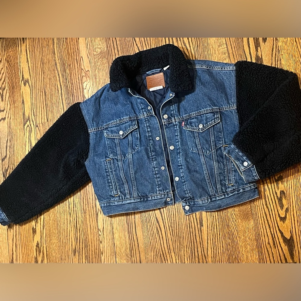 Levis Premium Cocoon Bomber Sherpa Trucker Jacket Dark Wash Women’ XL Big E
